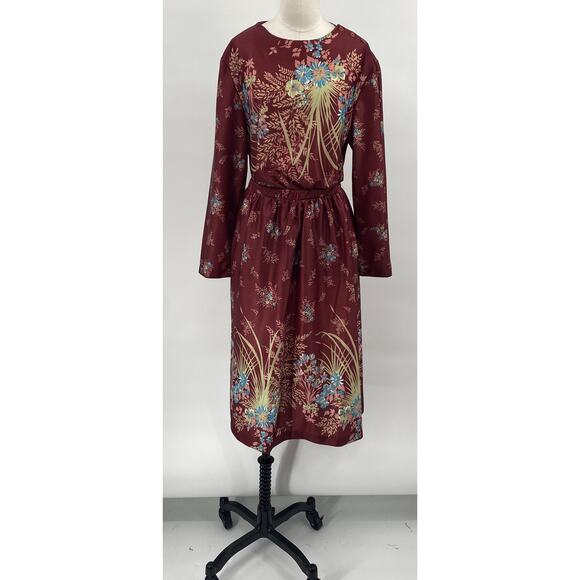 Vintage 70s Floral Print Matching Skirt Set Button Neck Tunic Midi Maroon Small - Picture 2 of 12